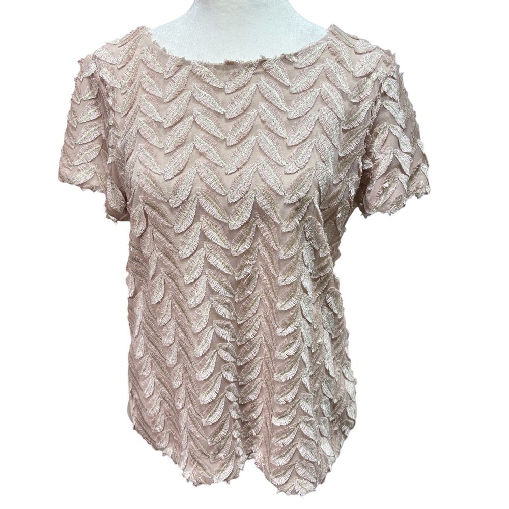 Weston Wear‎ Pink Gold Metallic Leaf Textured Mesh Short Sleeve Top Medium #963